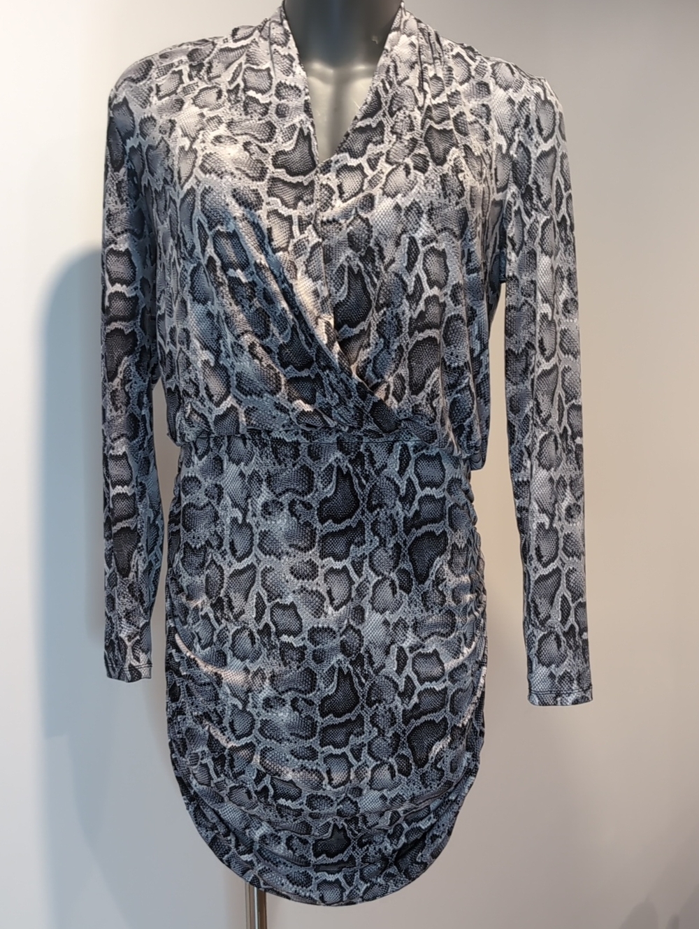 Michael Kors Grey Snake-Print Wrap Body Con Dress Large Animal Print